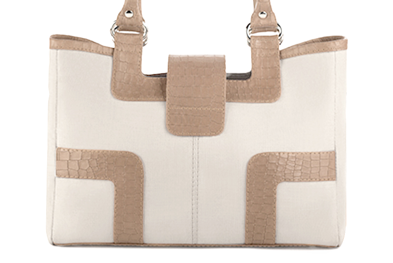 Off white and tan beige women's dress handbag, matching pumps and belts. Rear view - Florence KOOIJMAN